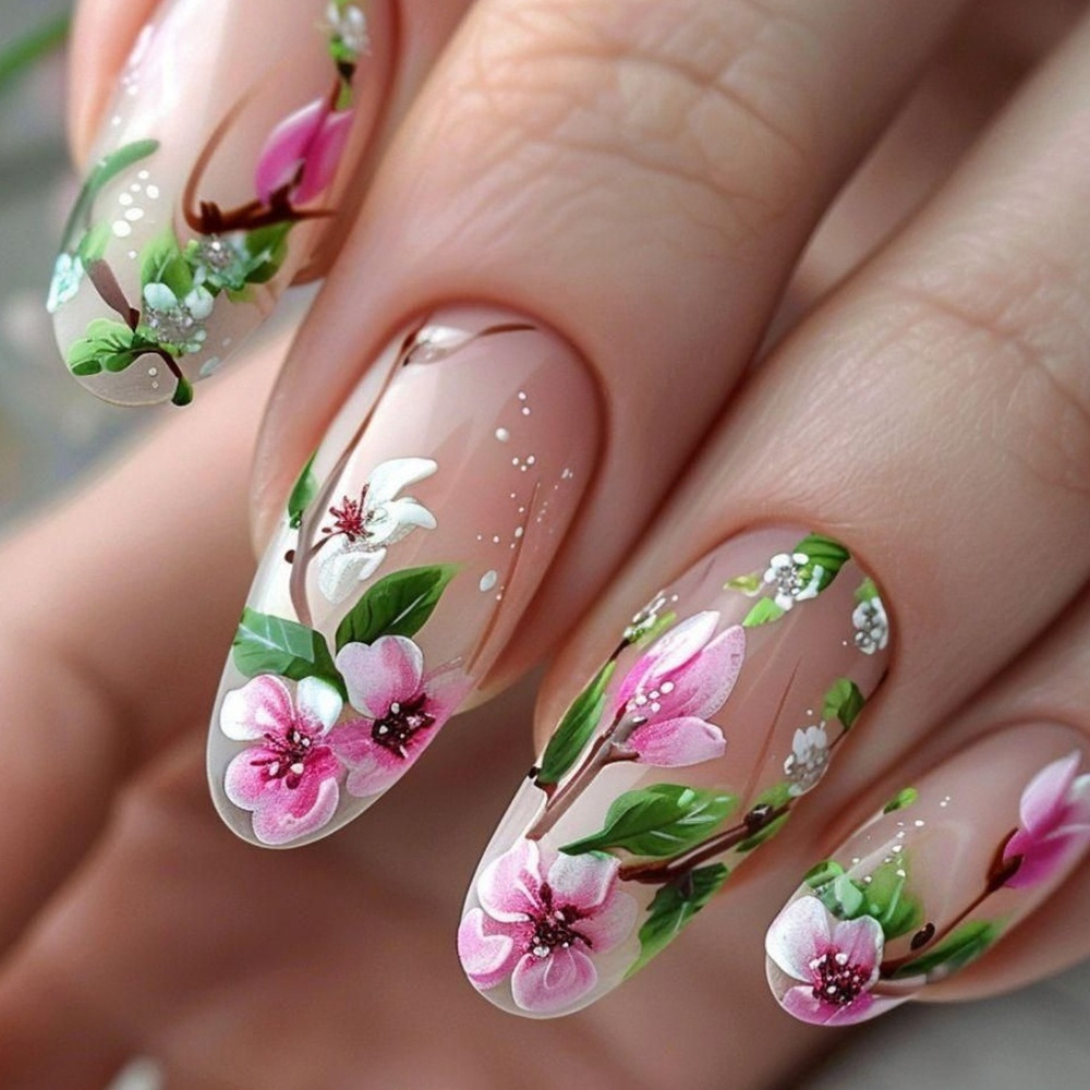 Short Almond Press on Nails 3D - Pressed Flower Art recension och pris