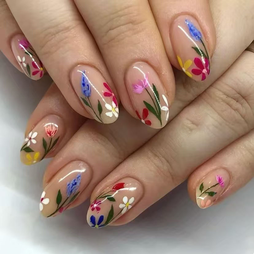 24Pcs Simple Almond Nails Tips - Pressed Flower Art recension och pris