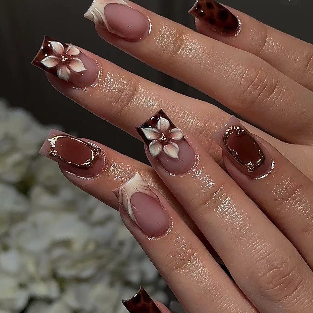 Short square fake nails for wo - Pressed Flower Art recension och pris